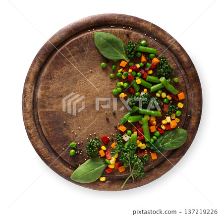Healthy food, vegetarian nutrition. Organic vegetable mix on wooden table Healthy food, vegetarian nutrition. Organic vegetable mix on wooden table 137219226