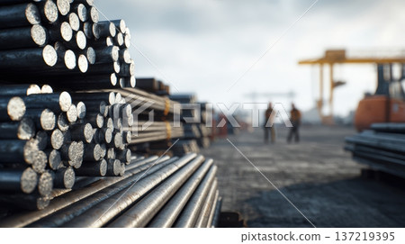 Wide Shot of Stacked Steel Rods in Industrial Yard with Workers in Background 137219395