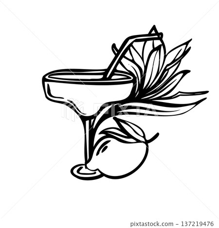Tropical cocktail vector illustration with margarita glass, citrus slice and palm leaves in bold black line art. Perfect for bar menus, summer posters, resort branding and beach party design projects 137219476