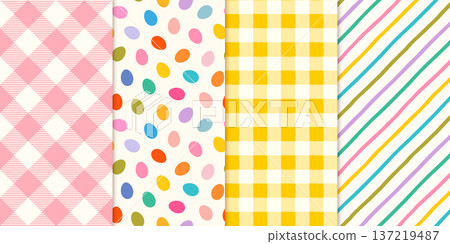 Pastel colors Easter vector seamless pattern set with colorful eggs, stripes and gingham check patterns for spring backgrounds for kids designs Pastel colors Easter vector seamless pattern set with colorful eggs, stripes and gingham check patterns for spring backgrounds for kids designs 137219487