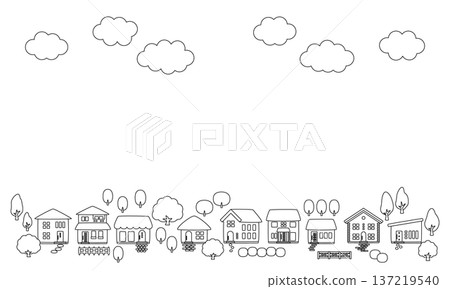 Autumn leaves and townscape frame background material_line drawing Autumn leaves and townscape frame background material_line drawing 137219540