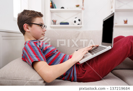 Leisure time, homework, technology and communication concept - side view of teenage boy using laptop for web surfing while lying on the couch at home Leisure time, homework, technology and communication concept - side view of teenage boy using laptop for web surfing while lying on the couch at home 137219684