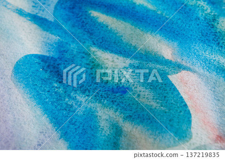 Watercolor paint brush strokes background. Blue color spots and lines on white paper texture. Abstract contemporary art canvas, top view 137219835