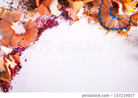 Wooden colorful pencil sharpening shavings, on white isolated background, top view, flat lay, copy space Wooden colorful pencil sharpening shavings, on white isolated background, top view, flat lay, copy space 137219857