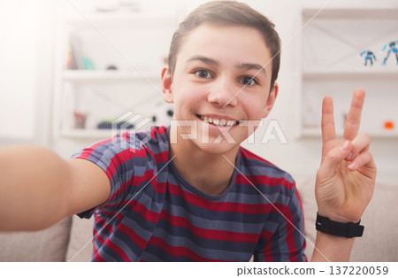 Happy teenager making selfie for social networks. Boy at home on sofa in living room 137220059