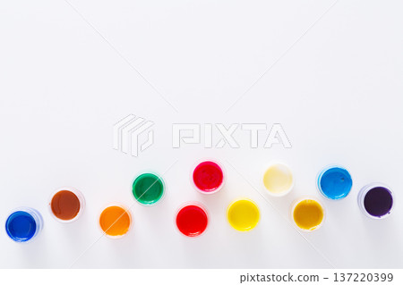 Color gouache jars on white background, isolated, top view, copy space Color gouache jars on white background, isolated, top view, copy space 137220399