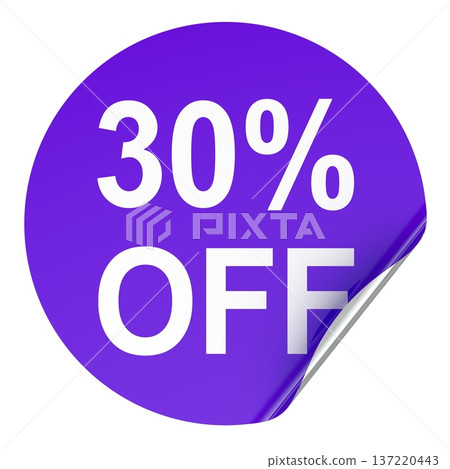 30 percent off discount sticker, round badge with peeled corner. 3D rendering 137220443