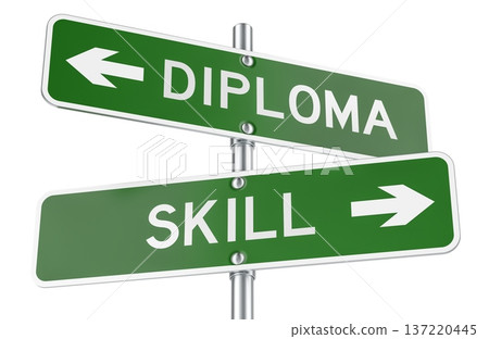 Diploma or Skill green direction arrows, street signs. 3D rendering 137220445