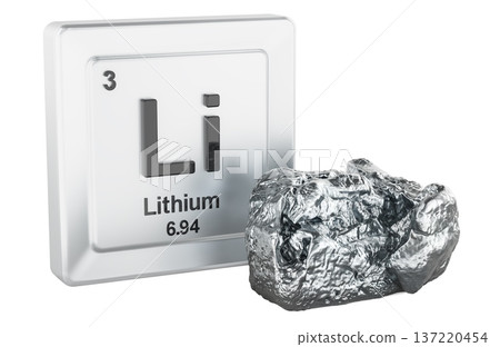 Lithium element tile Li with metal chunk, 3D rendering Lithium element tile Li with metal chunk, 3D rendering 137220454