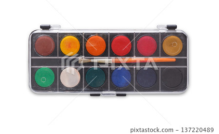 Drawing tools - watercolor palette with paint brush isolated on white, copy space, top view, object 137220489
