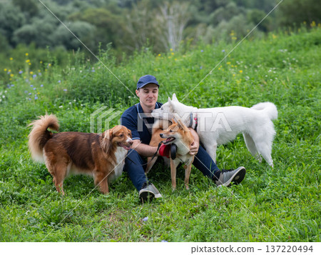 A Caucasian man walks with three dogs. Dog walker. 137220494