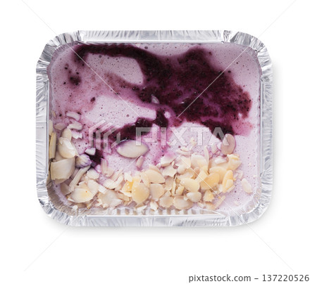 Healthy eating. Diet snack, weight loss diet. Organic food take away and delivery. Mousse dessert with almond flakes in foil box, isolated on white background 137220526