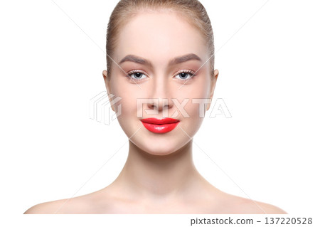 Skin makeup. Beautiful girl with red lips portrait isolated on white, crop Skin makeup. Beautiful girl with red lips portrait isolated on white, crop 137220528