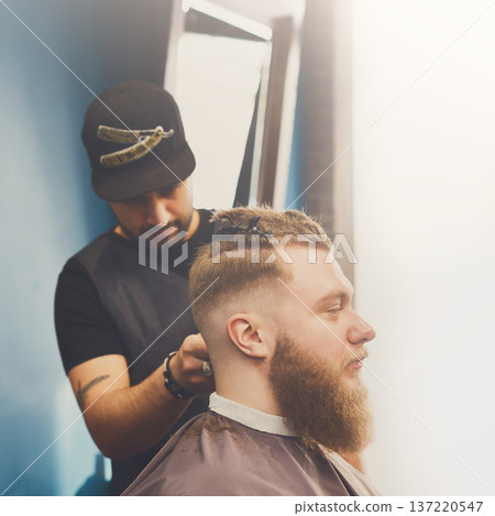 Man getting haircut by hairstylist at barbershop. Stylish barber and client Man getting haircut by hairstylist at barbershop. Stylish barber and client 137220547