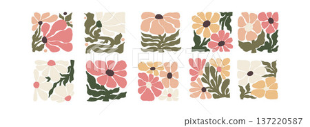 Matisse curves aestethic. Groovy Abstract Flower art set. Organic Floral Hand Drawn in trendy naive retro hippie 60s 70s. Isolated Contemporary Vector Illustration in muted earthy tones. Not AI 137220587