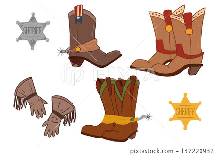 Cowboy boots set with sheriff badges and gloves, childlike hand drawn style Cowboy boots set with sheriff badges and gloves, childlike hand drawn style 137220932