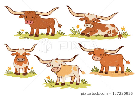 Texas longhorn cattle set, farm animals in childlike hand drawn style Texas longhorn cattle set, farm animals in childlike hand drawn style 137220936