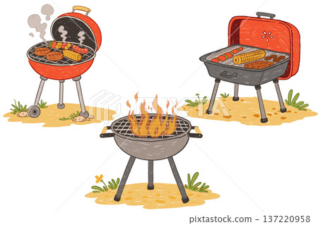 Barbecue grill set with charcoal bbq and picnic cooking in childlike hand drawn style Barbecue grill set with charcoal bbq and picnic cooking in childlike hand drawn style 137220958