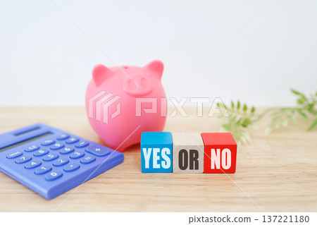 Piggy bank and YES OR NO choice image. Piggy bank and YES OR NO choice image. 137221180