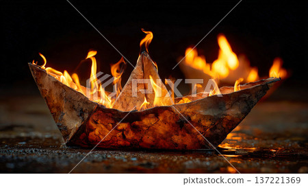 Burning paper boat on fire representing destruction 137221369