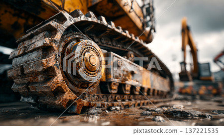 Heavy excavator track working on muddy construction site 137221535