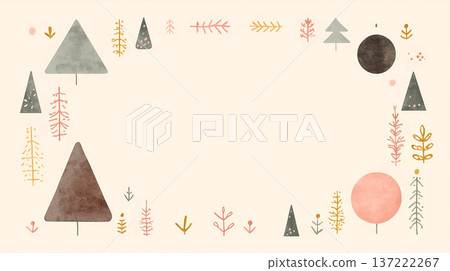 Scandinavian style winter forest frame Watercolor trees and stylish geometric pattern background material 137222267