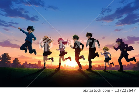 [Towards the sunset] Illustration of a boy and girl running through the fields and mountains 137222647