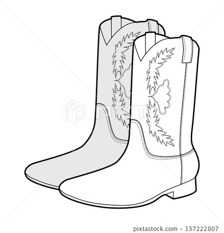 Cowboy boot women sketch pair. Stitch detail western boot for ranch inspired city outfit and festival wear. Technical 137222807