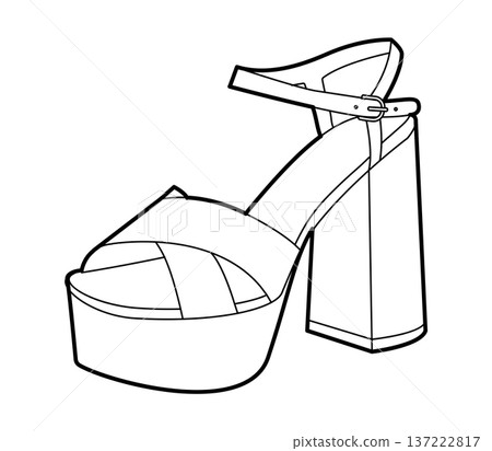 Platform block heel sandal shoe women single sketch. Wide strap dress shoe for concert, party, fashion event, stage look Platform block heel sandal shoe women single sketch. Wide strap dress shoe for concert, party, fashion event, stage look 137222817