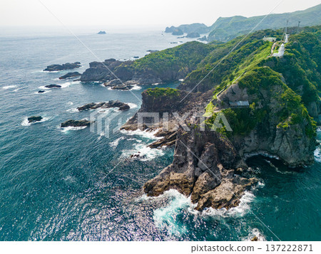 Drone shot of Irozaki Ocean Park. The beautiful white Irozaki Lighthouse and Ishimuro Shrine are located on the cliffs at the tip of the cape. 137222871