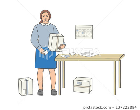 woman attaching label to cardboard box near table with documents and parcels. woman attaching label to cardboard box near table with documents and parcels. 137222884