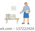 woman holding cardboard box near bench with stacked parcels 137222920