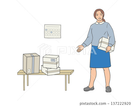 woman holding cardboard box near bench with stacked parcels woman holding cardboard box near bench with stacked parcels 137222920