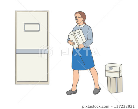 woman carrying cardboard box near door with stacked parcels. woman carrying cardboard box near door with stacked parcels. 137222921