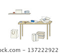 packing workspace with table, open box, tape, scissors, shopping bag, stacked parcels and wall shelf with clock. 137222922