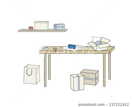 packing workspace with table, open box, tape, scissors, shopping bag, stacked parcels and wall shelf with clock. packing workspace with table, open box, tape, scissors, shopping bag, stacked parcels and wall shelf with clock. 137222922