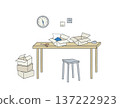 packing area with table, open boxes, tape, scissors, stool, stacked parcels and wall clock 137222923