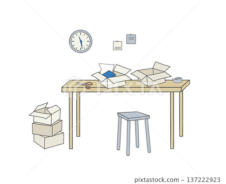 packing area with table, open boxes, tape, scissors, stool, stacked parcels and wall clock packing area with table, open boxes, tape, scissors, stool, stacked parcels and wall clock 137222923