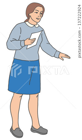woman holding a sheet of paper and gesturing with her hand woman holding a sheet of paper and gesturing with her hand 137222924