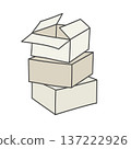 three stacked cardboard boxes, one open with flaps. 137222926