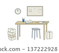 desk with open book, pencil holder, envelope, stacked boxes, wall clock and bulletin board with notes. 137222928