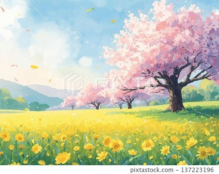 日本美麗的春日山景，櫻花和油菜花競相綻放，景色宜人。 137223196