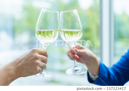 Couple holding glasses toasting 137223417