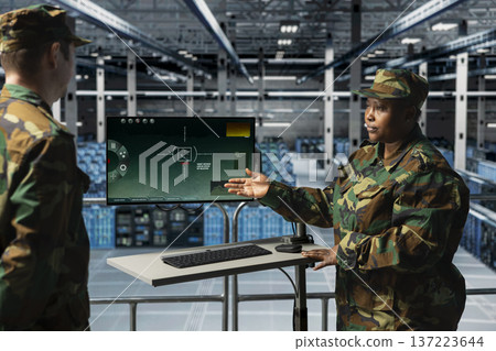 Army soldiers looking at real time missile targeting visuals on screen in secure military data center. Command center personnel monitoring missile targeting software on computer display in server farm Army soldiers looking at real time missile targeting visuals on screen in secure military data center. Command center personnel monitoring missile targeting software on computer display in server farm 137223644