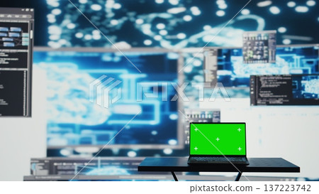 Laptop running isolated mockup screen next to AI neural networks system, used for practicing deep learning and cloud computing. Tech implementing artificial intelligence brain. Camera B. 137223742
