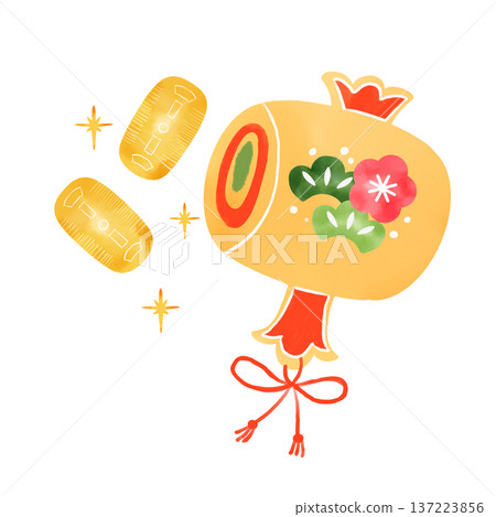 水彩插畫，描繪了一把魔法木槌和金幣。這是一幅日式風格的商業繁榮象徵圖。 137223856