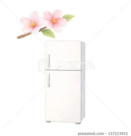 Watercolor style refrigerator and cherry blossom cutout material Spring new life illustration 137223932