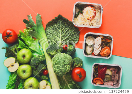 Healthy meals in lunch boxes with green vegetables and fruits. Diet, detox and healthy food concept - top view flat lay on bright background. Ingredients for salad Healthy meals in lunch boxes with green vegetables and fruits. Diet, detox and healthy food concept - top view flat lay on bright background. Ingredients for salad 137224459
