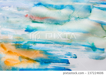 Watercolor paint brush strokes background. Blue color spots and lines on white paper texture. Abstract contemporary art canvas, top view Watercolor paint brush strokes background. Blue color spots and lines on white paper texture. Abstract contemporary art canvas, top view 137224606