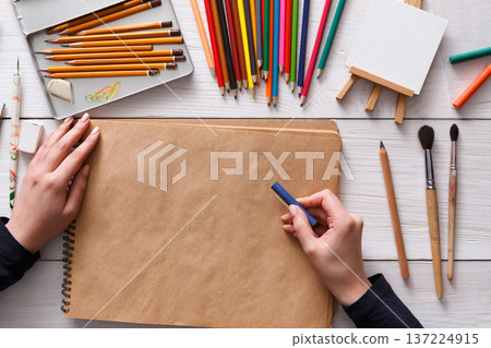 Creative artist workspace top view. Background of painting and drawing, art stationery 137224915